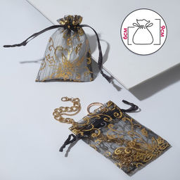 Цена за 100 шт. Мешочек подарочный Цветочный орнамент, 7 х 9, цвет чёрный с золотом