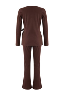 Gri Melanj Baglama Detayl? Kruvaze Yaka Fitilli Orme Pijama Tak?m? THMAW26PT00003 - Trendyolmilla фото 14