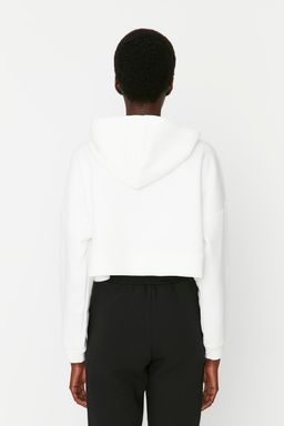 Ekru Basic Fermuarl? Kapusonlu Crop Kal?n Ici Polarl? Orme Sweatshirt TWOAW20SW0660