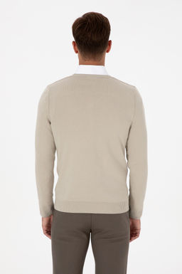 Erkek Slim Fit V Yaka A__k Haki Basic Kazak