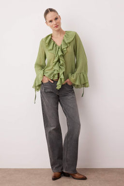 Yesil F?rf?rl? Bohem Ince Pamuklu Kumas Uzun Kol Dokuma Bluz TWOSS25BZ00551