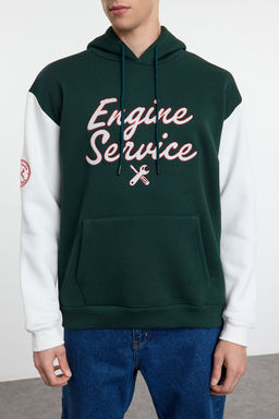 Zumrut Yesili Oversize/Genis Kesim Nak?sl? Renk Bloklu Kapusonlu Ici Polar Sweatshirt TMNAW25SW00044