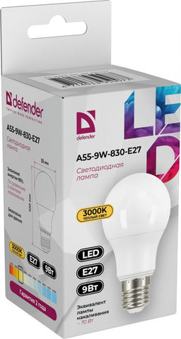 Лампа светодиодная, E27, A55, 9Вт, 3000К "Defender" теплый свет