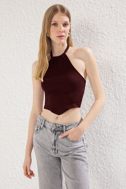 Bordo Boyundan Baglamal? Fitted/Vucuda Oturan Orme Bluz TWOSS25BZ00136