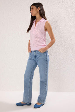 Pembe Viral Delikli/Ajurlu Yazl?k Polo Yaka Triko Bluz TWOSS25BZ00576 - Trendyolmilla фото 2