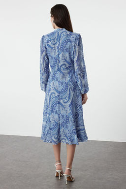 Koyu Mavi Desenli Volanl? Midi Dokuma Elbise TWOAW23EL01436