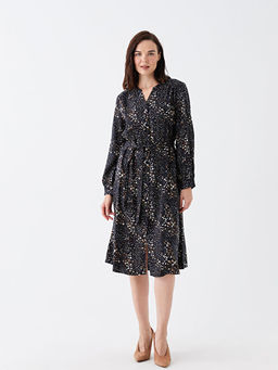 Ka??k Yaka Desenli Uzun Kollu Kad?n G?mlek Elbise