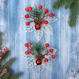 Ёлочные игрушки 2 шт. Зимнее волшебство. Праздничные цветы пластик, ягоды, 13 см, белый