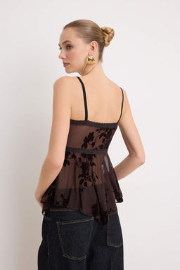 Kahverengi Cicekli Volan Detayl? Tul Party Bluz TPRAW26BZ00056