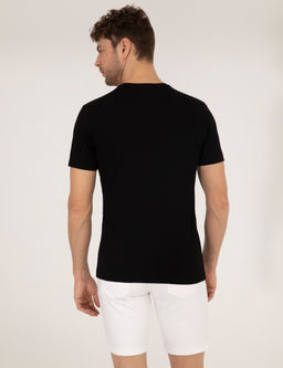 Siyah Slim Fit Bask_l_ Bisiklet Yaka Ti__rt