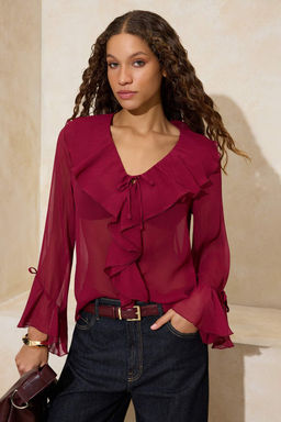 Bordo F?rf?r Detayl? Transparan Sifon Dokuma Bluz TWOSS26BZ00084