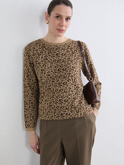 Bisiklet Yaka Leopar Desenli Kad?n Triko Kazak