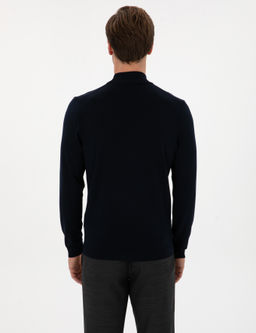 Lacivert Slim Fit Y_n Kar___ml_ Yar_m Bal_k__ Basic Triko Kazak