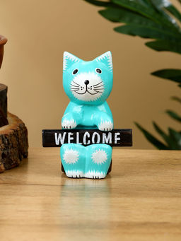 Сувенир «Кот с табличкой WELCOME», 8×4×10 см, дерево, бирюзовый