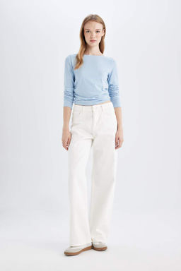 Женская базовая однотонная футболка с вырезом лодочкой и длинными рукавами - Defacto фото 2