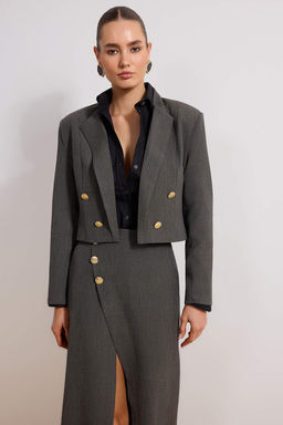 Antrasi Dugme Detayl? Crop Astarl? Vatkal? Blazer Ceket TWOSS26BC00023 - Trendyolmilla фото 2
