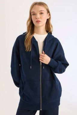 Oversize Genis Kal?p Kapusonlu Cepli Basic Duz Fermuarl? Sweatshirt