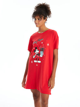 Bisiklet Yaka Mickey Mouse Bask?l? Kad?n Gecelik