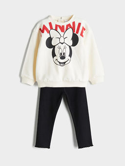Bisiklet Yaka Minnie Mouse Bask?l? K?z Bebek Sweatshirt ve Tayt