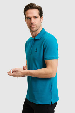 Erkek Slim Fit Polo Yaka Petrol Basic Ti__rt