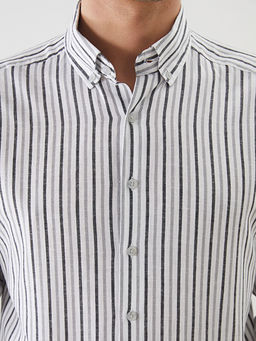 Regular Fit Uzun Kollu ?izgili Keten Kar???ml? Erkek G?mlek