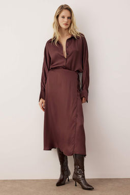 Vucut Secmeyen Kahverengi Baglama Detayl? Dokuma Saten Midi Etek TWOAW26ET00121 - Trendyolmilla фото 2