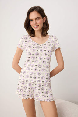 Lila %100 Pamuklu Kedi ve Kurdele Bask?l? Orme Pijama Tak?m? THMSS26PT00173