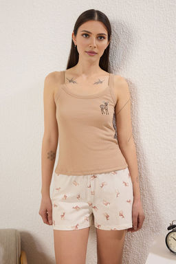 Trendyolmilla Bej Geyik Nak?s ve Bask?l? Fitilli Sortlu Orme Pijama Tak?m? THMSS25PT00292  фото 3