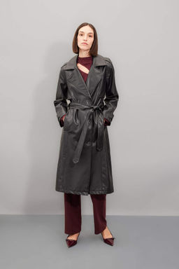 Su Itici Suni Deri Trenckot Kruvaze Yaka Dugmeli Kemerli Cepli - Defacto фото 2