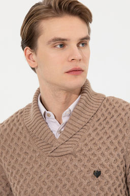 U. S. Polo Assn Мужской светло-коричневый меланжевый трикотаж с шалевым воротником - U.s. polo assn фото 4