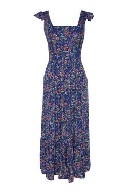 Mavi Cicek Desenli Kare Yaka A Kesim Viskon Midi Dokuma Elbise TWOSS20EL3331