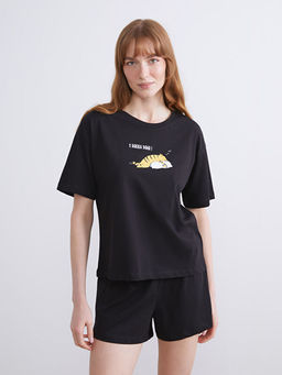 Bisiklet Yaka Bask?l? Kad?n ?ortlu Pijama Tak?m?