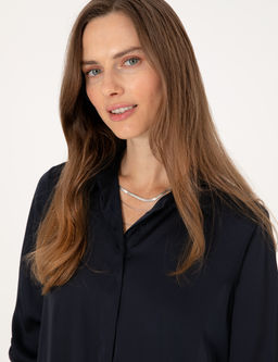Lacivert Comfort Fit Saten Uzun Kollu G_mlek