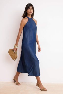 Koyu Mavi Maxi More Sustainable %100 Tencel Denim Elbise TWOSS26EL00355