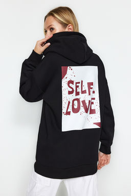 Siyah S?rt Bask? Detayl? Oversize/Genis Kal?p Kal?n Ici Polarl? Orme Sweatshirt TWOAW22SW0687