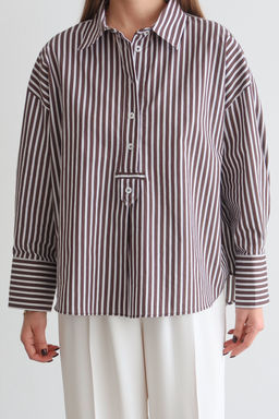 Koyu Kahverengi-Ekru Cizgili Yar?m Dugmeli Oversize Dokuma Bluz TWOSS26BZ00565 - Trendyolmilla фото 3