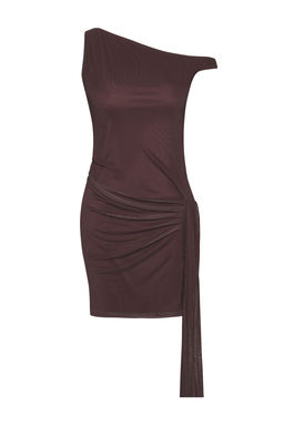 TRENDYOLMILLA Limited Edition Kahverengi Duz Asimetrik Bodycone/Vucuda Oturan Mini Orme Tul Elbise TWOSS25EL00464