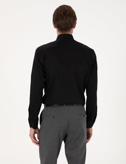 Siyah %100 Pamuk Parlak Saten Slim Fit Uzun Kollu Basic G_mlek