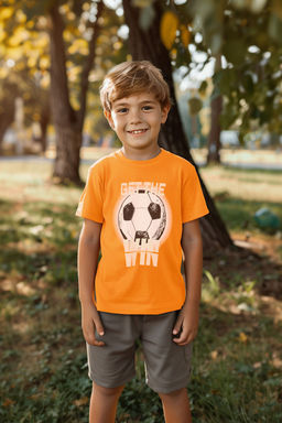 Turuncu Erkek Cocuk %100 Pamuk Futbol Desenli Regular Kal?p K?sa Kol Orme T-Shirt TKDSS24TS00038