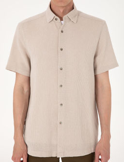 Bej Mikro Desenli %100 Pamuk Comfort Fit Rahat G_mlek