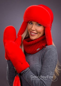 Комплект ушанка трикотаж норка алая, варежки