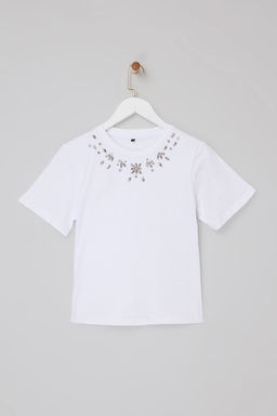 Beyaz Regular/Normal Kal?p Aksesuar Detayl? Tok %100 Pamuk Orme T-Shirt TWOSS26TS00007