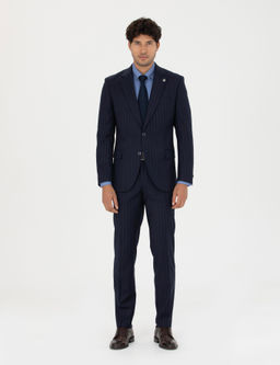 %100 Y_n Lacivert _izgili Ekstra Slim Fit Tak_m Elbise