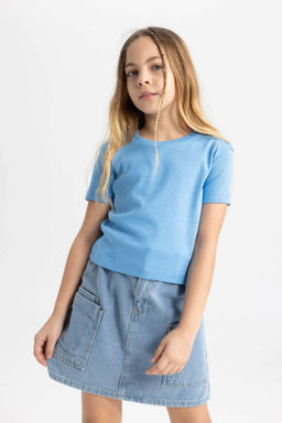 K?z Cocuk Slim Fit Dar Kesim Bisiklet Yaka Ribana Basic Duz K?sa Kollu Tisort - Defacto фото 3