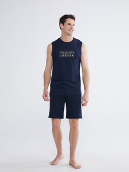 Bisiklet Yaka Bask?l? Penye Erkek Kolsuz Ti??rt