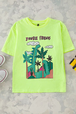 Yesil Erkek Cocuk %100 Pamuk Dinazor Bask?l? Regular Kal?p K?sa Kol Orme T-Shirt TKDSS25TS00069