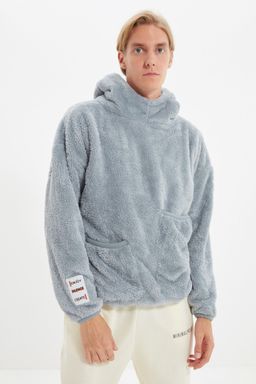 Gri Unisex Oversize/Genis Kesim Cift Cepli Etiket Detayl? S?cak Tutan Pelus Sweatshirt TMNAW22SW1708