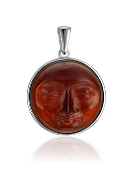 Круглый кулон Луна с вишнёвым янтарём
