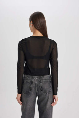 Тюлевая футболка стандартного кроя с круглым вырезом и длинными рукавами - Defacto фото 6