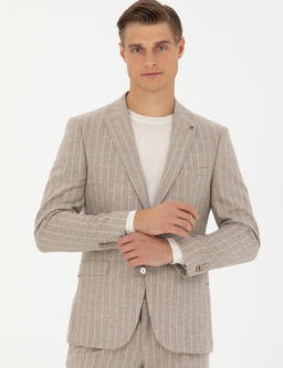 Бежевая классическая куртка приталенного кроя из шерсти и кашемира в полоску - Cacharel фото 3